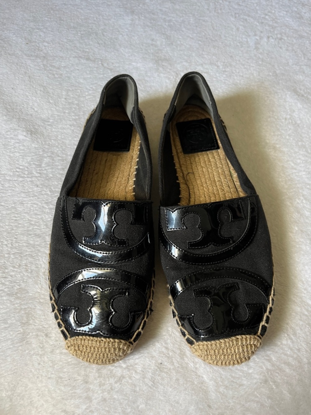 Tory Burch Black Patent Logo Espadrille Flats
